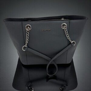 Calvin Klein Black Leather Tote Bag With Chain Straps & Magnetic Closures